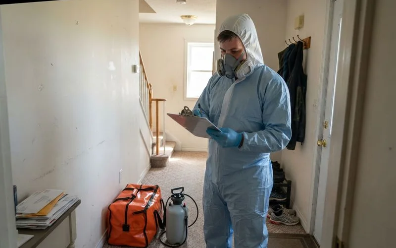 A biohazard cleanup technician in full protective gear preparing equipment before entering a work site