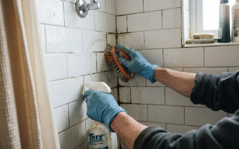 A small patch of mildew being cleaned from bathroom tile grout with a scrub brush