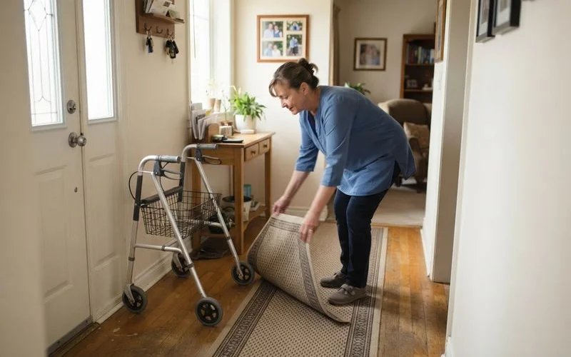 A cleaning professional carefully clearing a hallway walkway of clutter in a senior's home