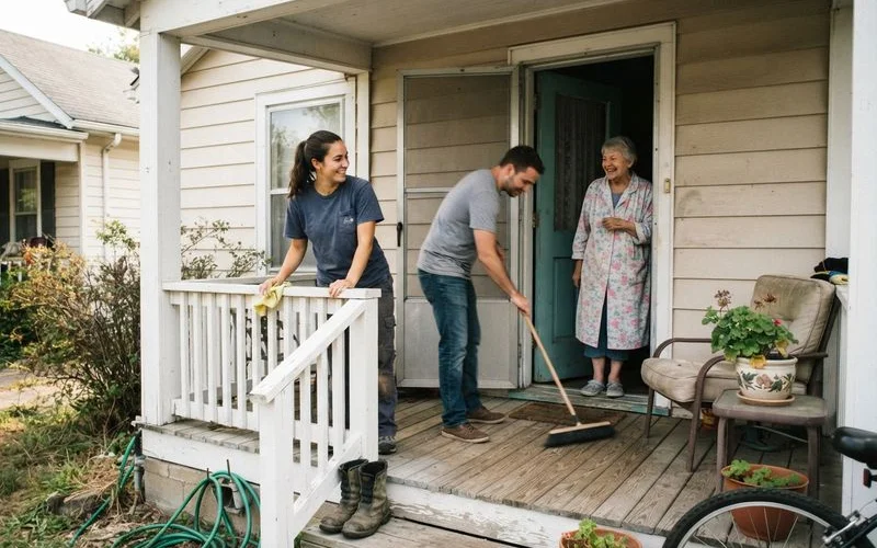 A volunteer helping an elderly resident tidy a living room as part of a community assistance program