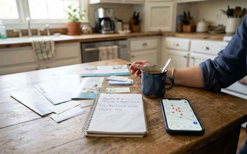 A homeowner comparing two cleaning company profiles side by side on a laptop before requesting a quote