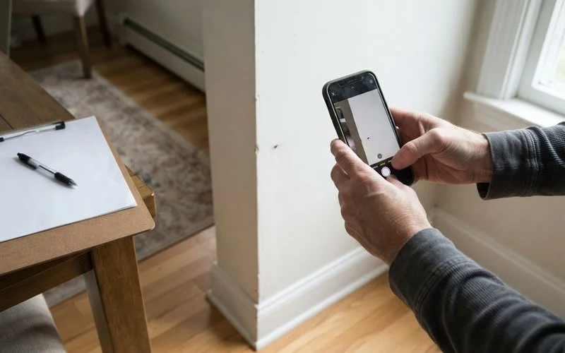 A homeowner photographing a small scuff on a hardwood floor as documentation after a cleaning visit