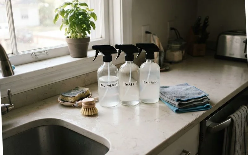 A bottle of eco-friendly cleaning solution next to a certification label on a kitchen counter