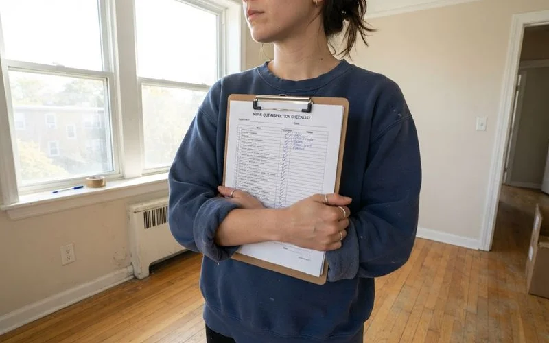 A tenant and landlord reviewing a move-out inspection checklist together in an empty apartment