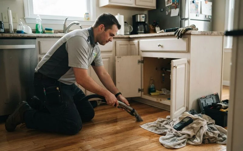 A homeowner using towels and a wet vacuum to remove standing water from a hardwood floor after a leak