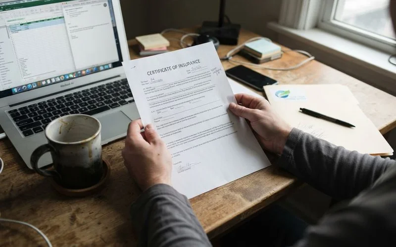 A homeowner reviewing a printed certificate of insurance handed over by a cleaning company representative