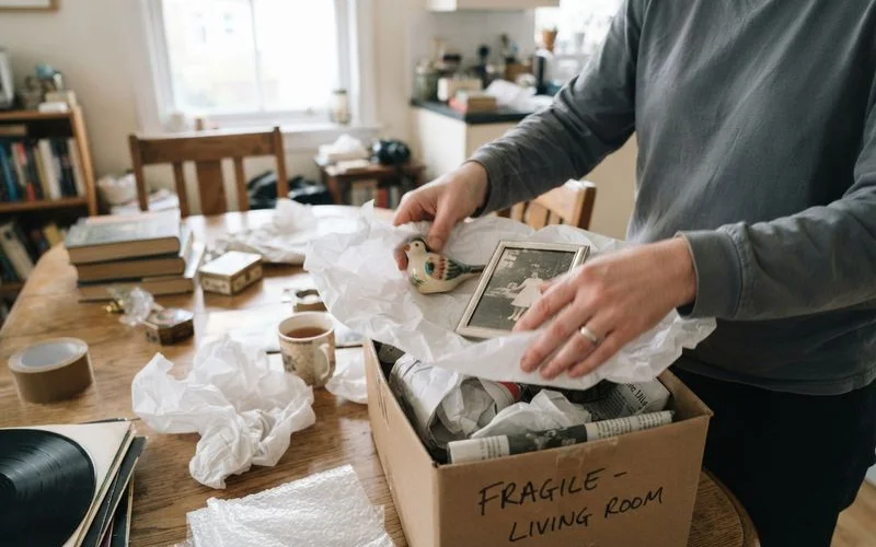 A family member gently packing keepsakes into a labeled box in a quiet, sunlit room