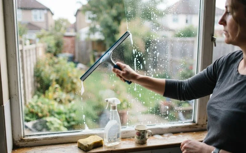 A window cleaning technician using a squeegee on a large exterior window with visible reflection of a clean sky