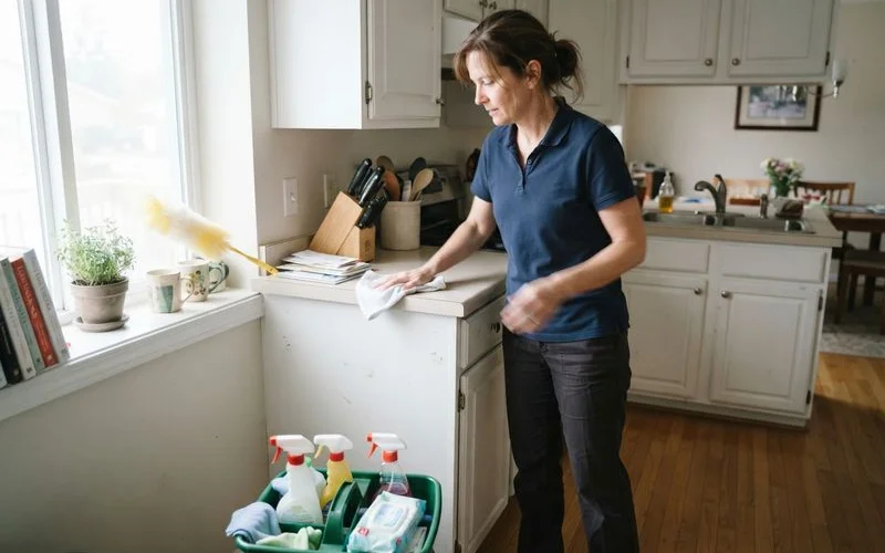 A cleaning professional wiping down a kitchen countertop in a bright, tidy Columbia home during a standard cleaning visit